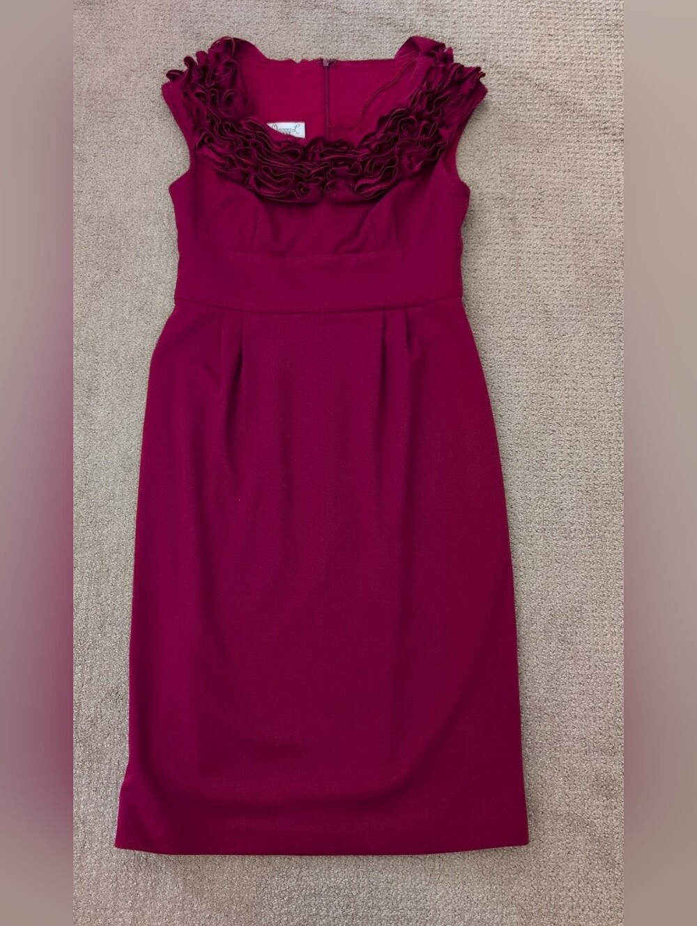 Maggie London Sleeveless Burgundy Ruffle Neck Sheath Cocktail Party Dress